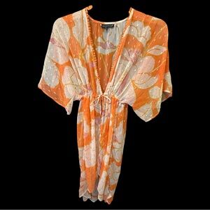 Club Z collection. NWOT orange floral with metallic tear drops cover up. Sz exlg